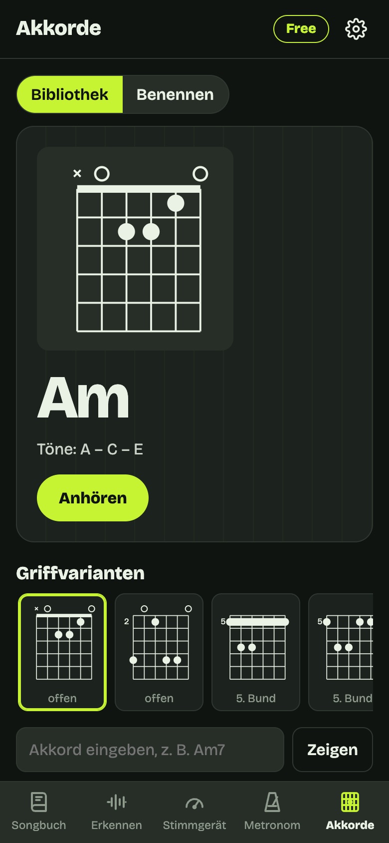 Akkordbuch: Akkord-Bibliothek mit Griffbild von A-Moll und Griffvarianten