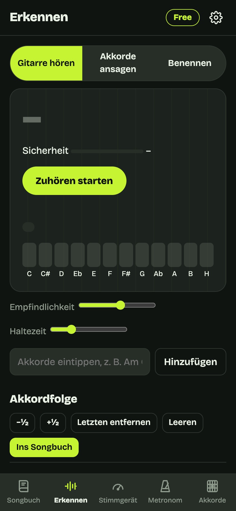 Akkordbuch: Akkorderkennung mit Tonanzeige und Akkordfolge