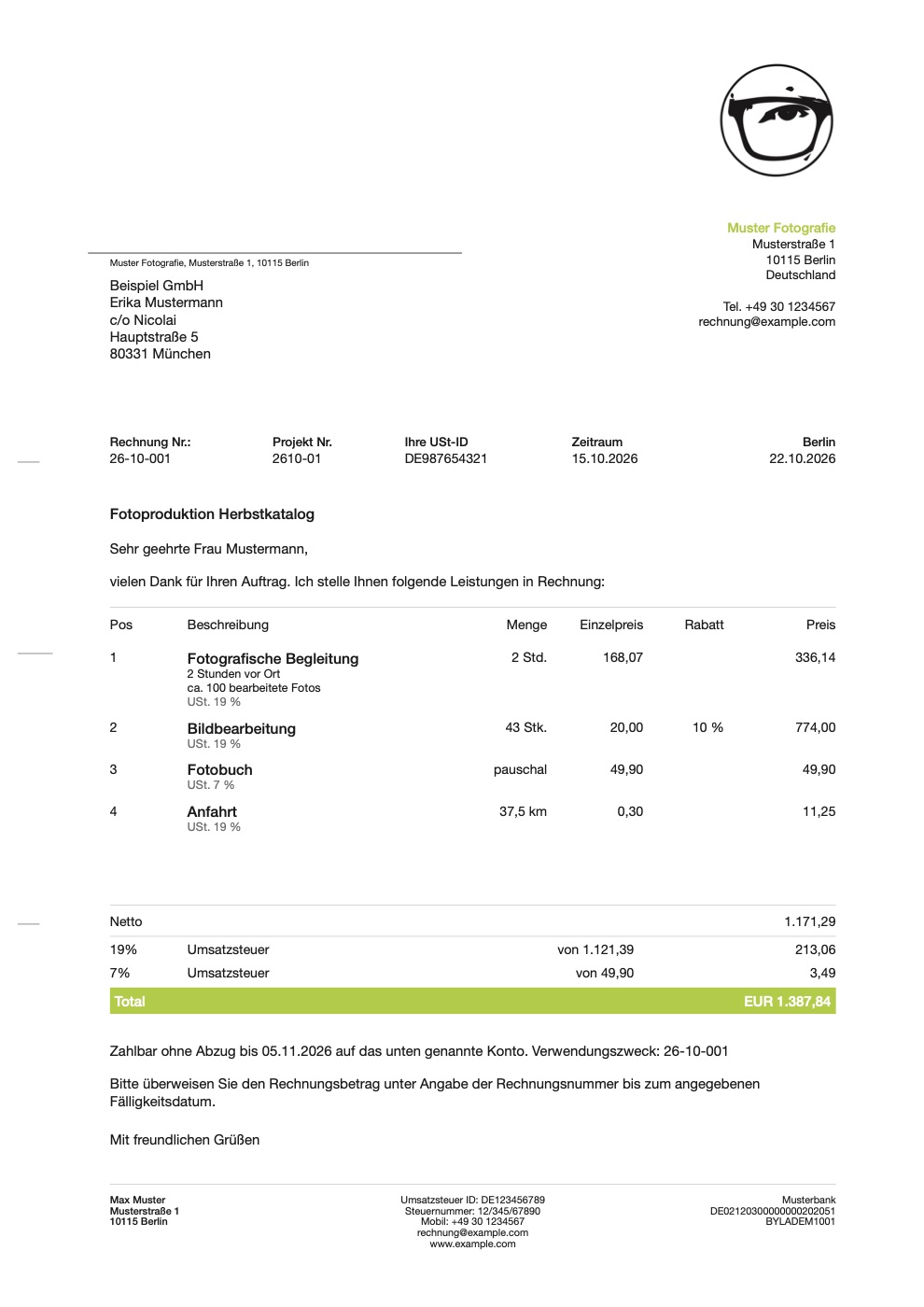 Mit Faktura erstellte Musterrechnung mit Positionen, Umsatzsteuer und Gesamtbetrag